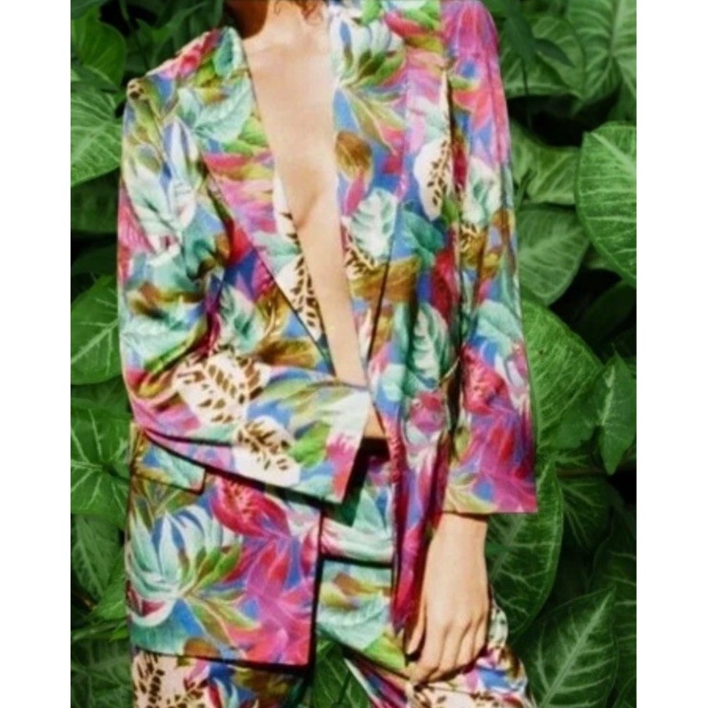 Zara Tropical Print Blazer Satin Effect Fabric Size L